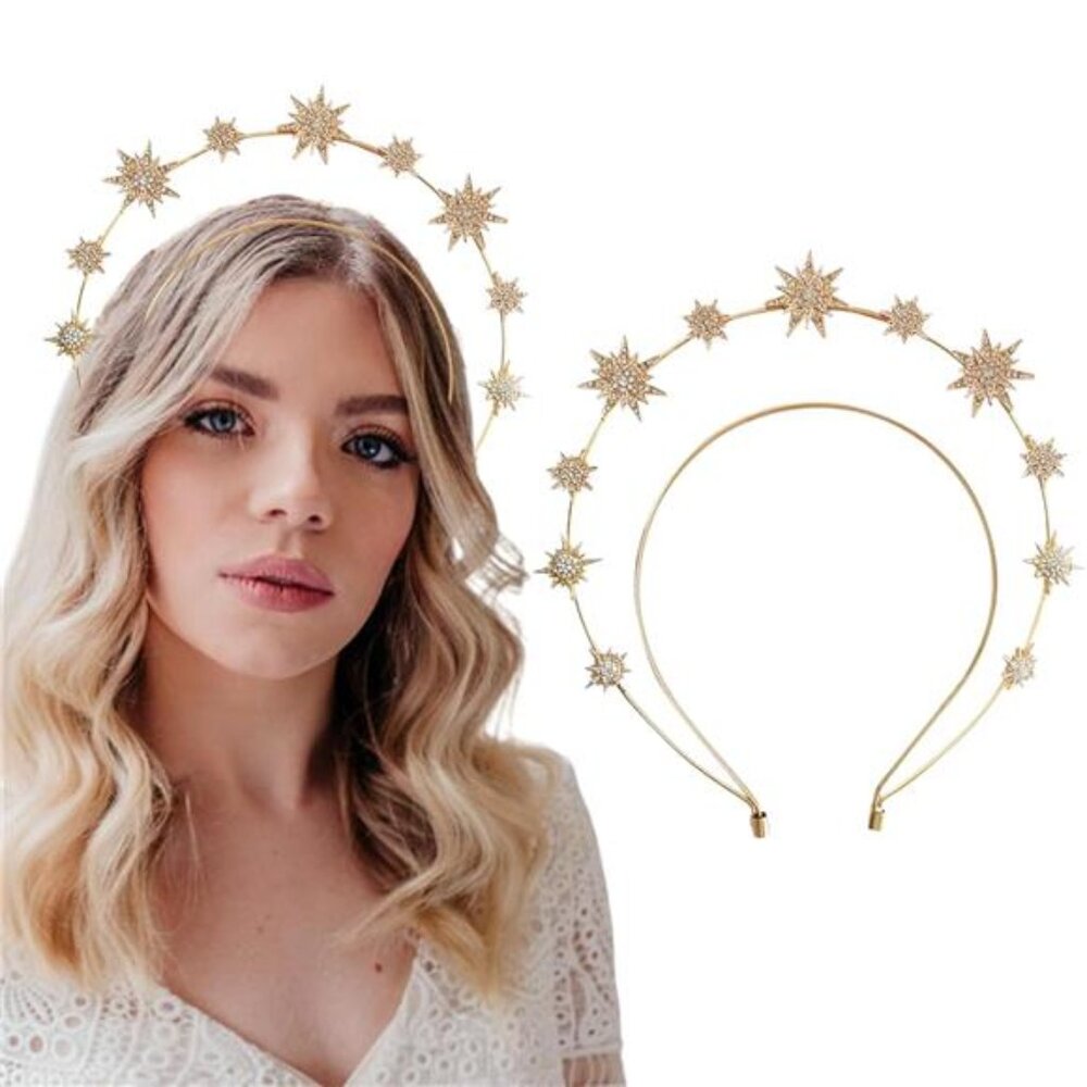 Star Halo Crown Headband – Gold Goddess Rhinestone Bridal Hair Accessory